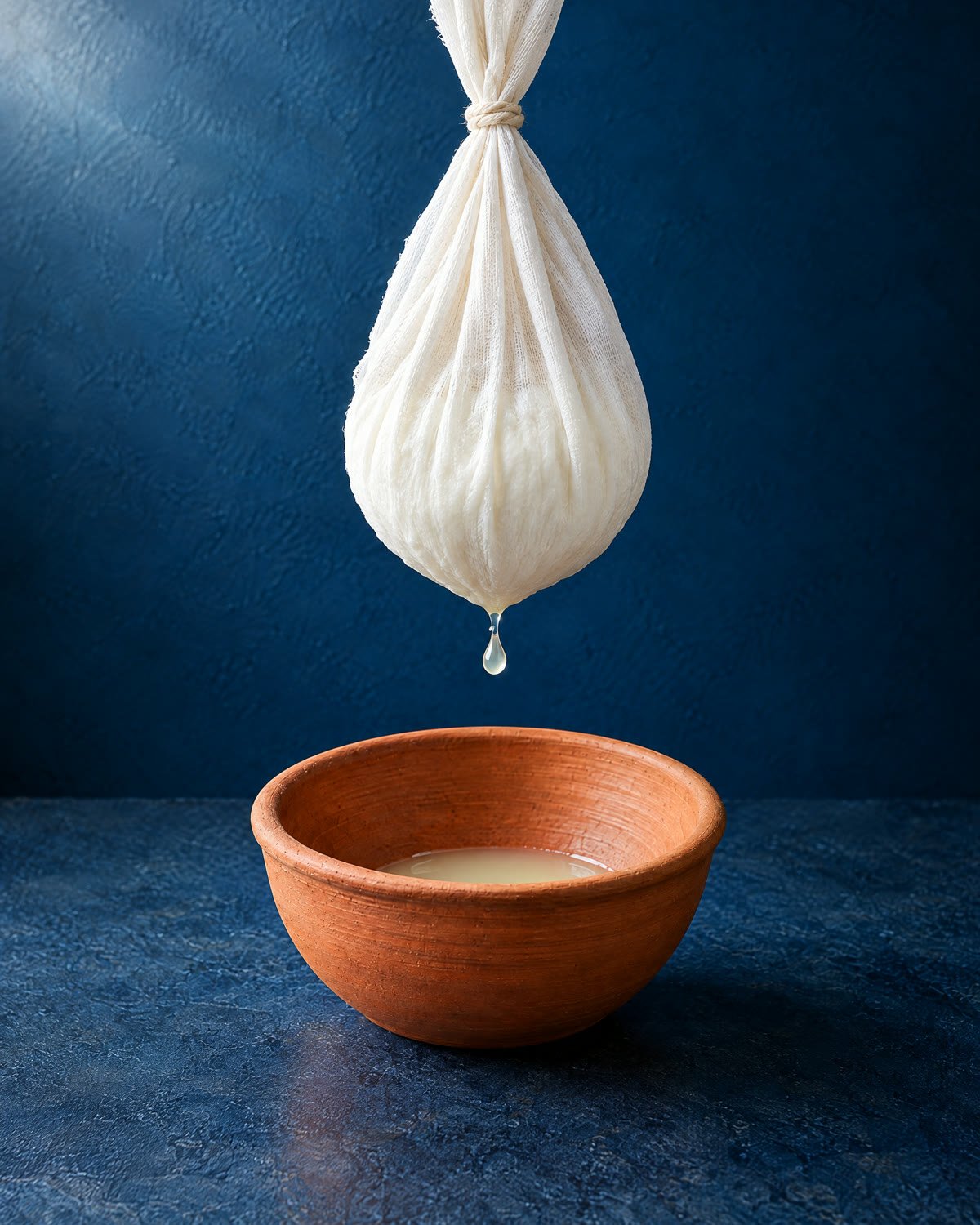 Iogurte num pano sobre uma cumbuca, com uma gota de soro caindo